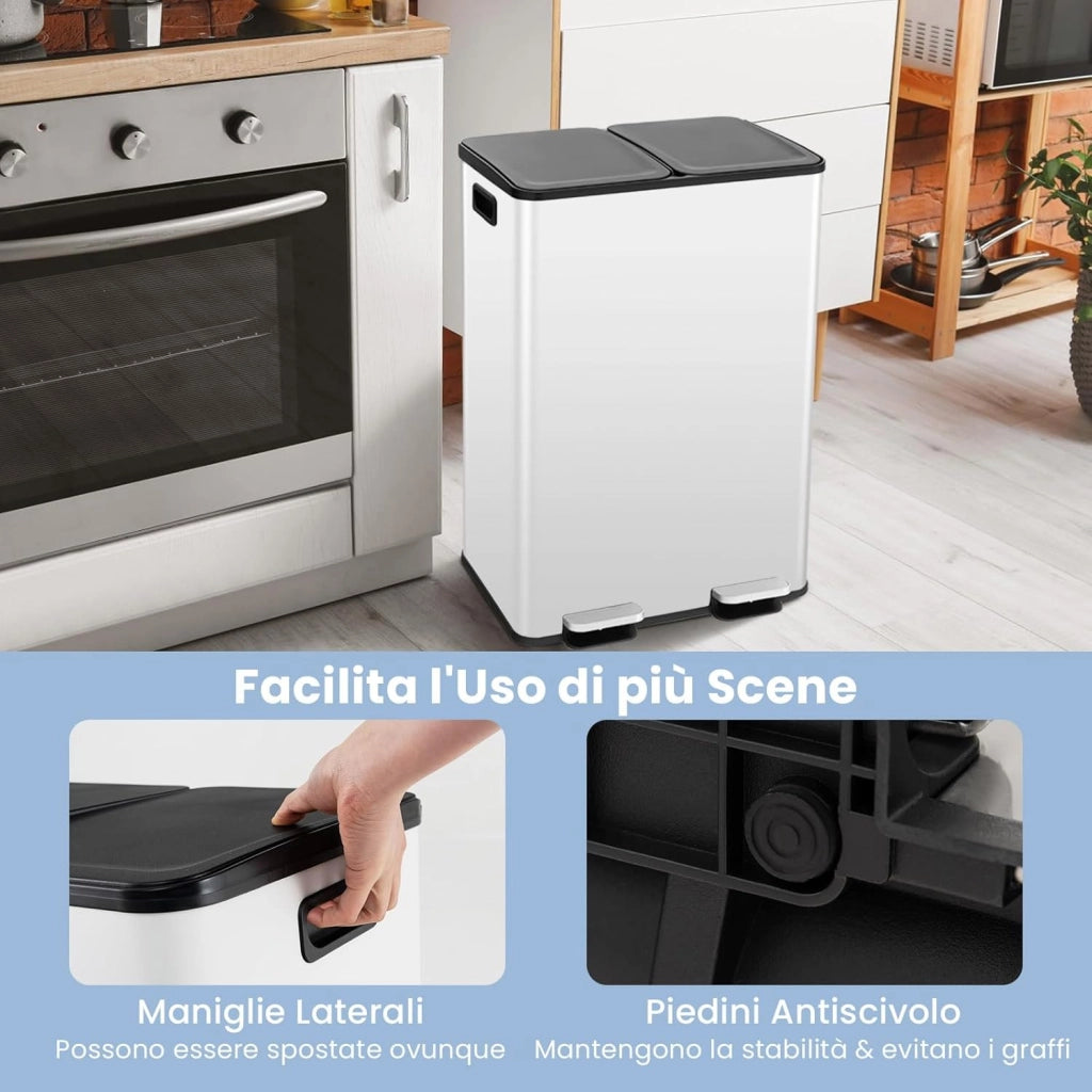 2x30 L Pattumiera Differenziata, Bidoni Differenziata in Acciaio Inox a 2 Scomparti, Anti-Impronte, Secchio Spazzatura con Coperchi a Chiusura Morbida, per Casa Ufficio (Bianco)