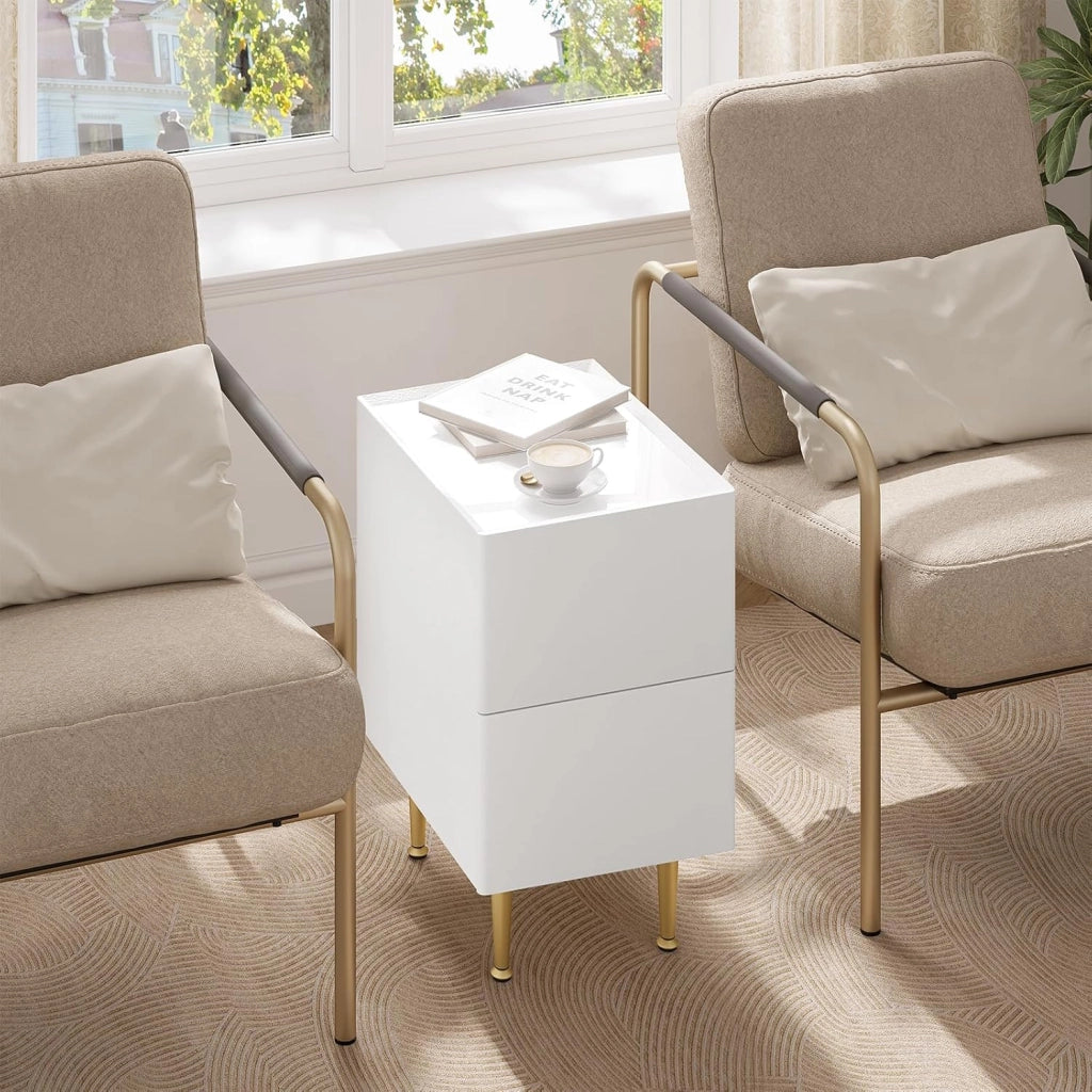 Comodino Camera da Letto, Tavolino da Notte con 2 Cassetti, Piano Lucido, Rivestimento in PVC, 40x30x51cm, Tavolino da Divano, MDF+PVC+Metallo, Bianco+Dorato, NTS10ws02