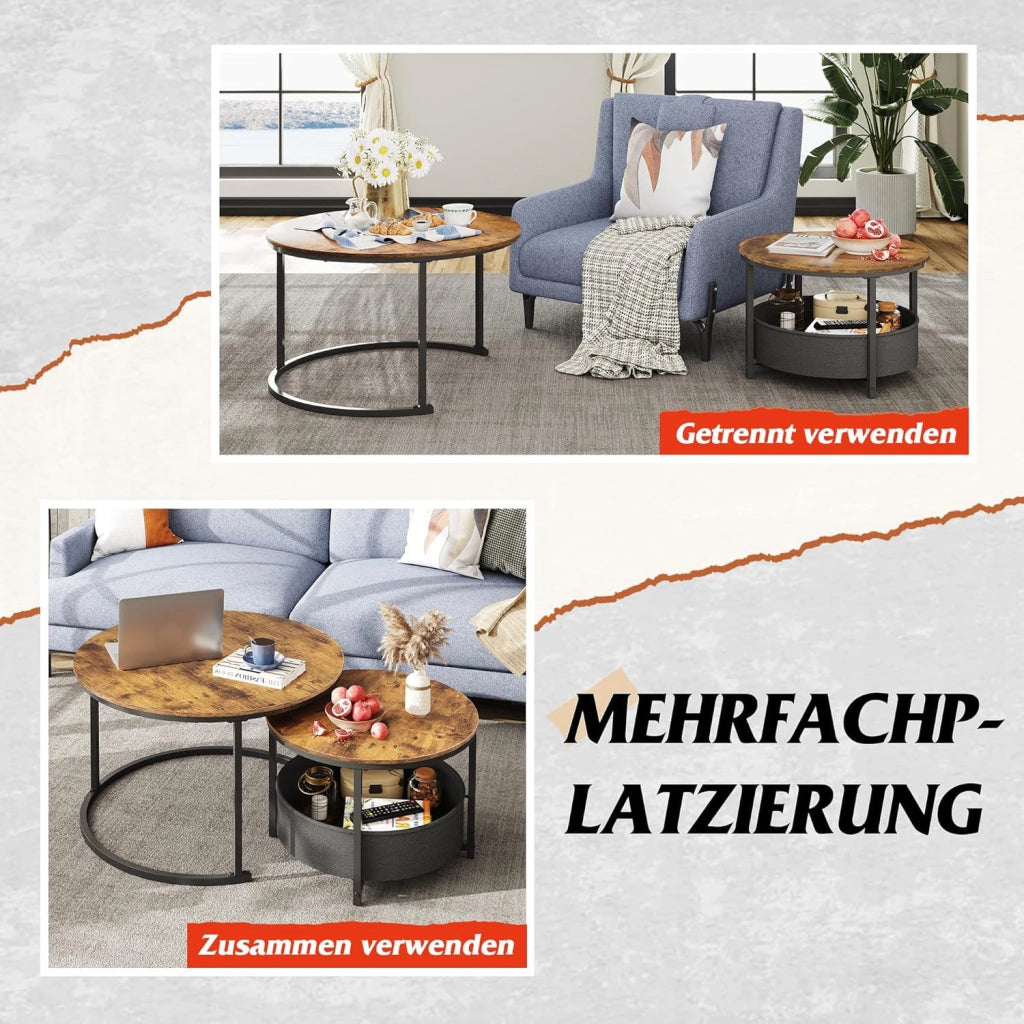 Tavolino da caff¨¨ rotondo con ripiano in legno e gambe in metallo ¨C zephmum ¨C marrone, 80x60 cm