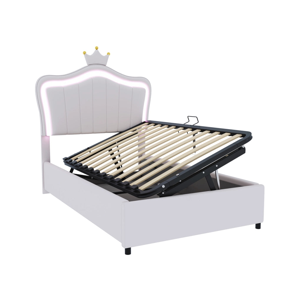 Letto imbottito per bambini 90x200 cm con LED; contenitore idraulico; testiera a conchiglia bianca