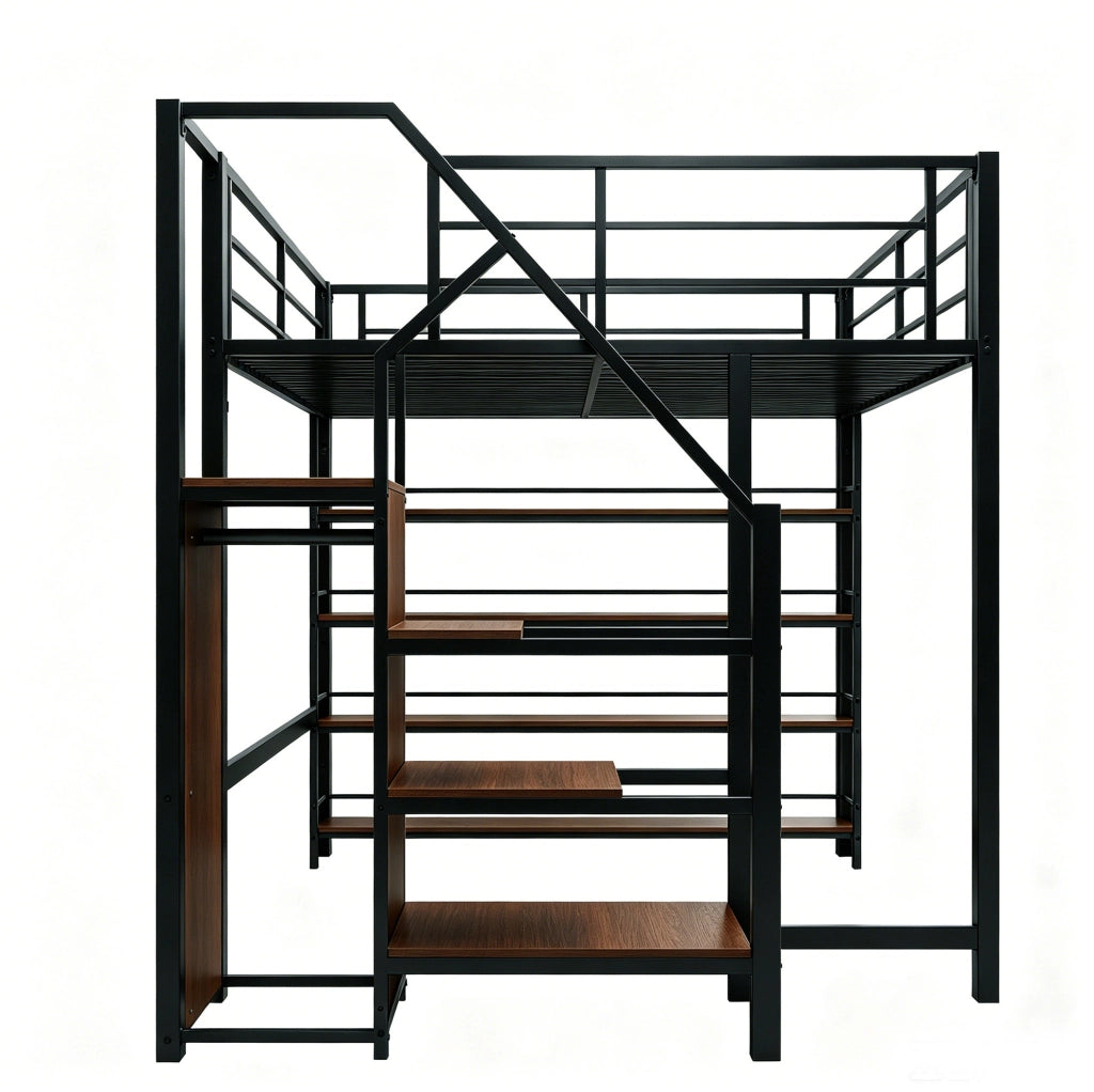 Letto a soppalco 140x200 cm con scala contenitore in MDF e metallo nero