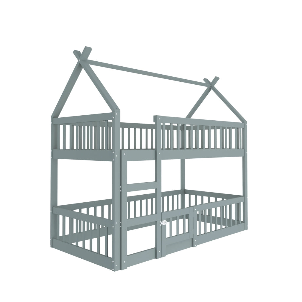 OKWISH Letto a Castello 90×200 cm, Letto Singolo con Scala, Sponde Alte e Porta Apribile, senza Materasso, in Legno, Grigio