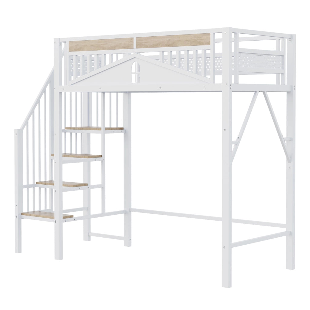 DESMIU Letto a soppalco 1 posto con scala contenitore, barriera di sicurezza e finestra 90 × 200 cm senza materasso