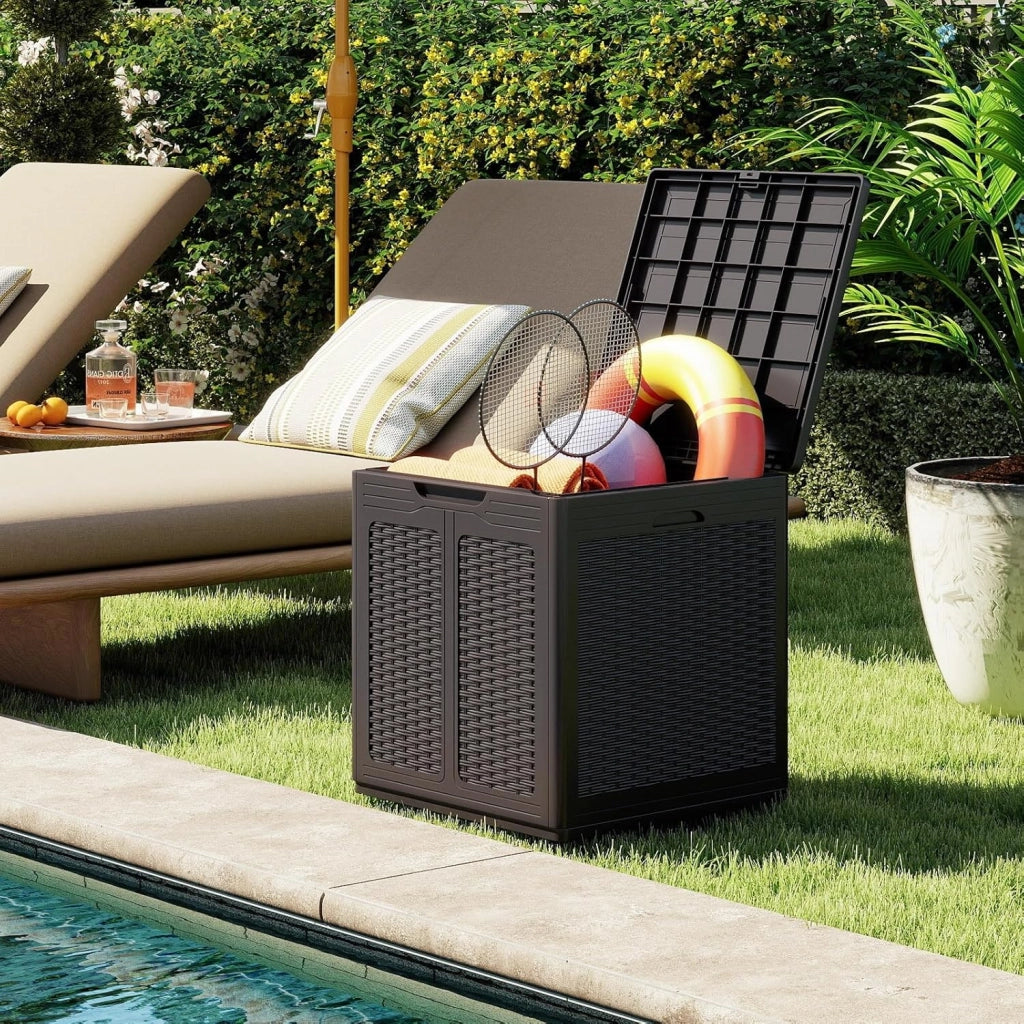 Baule da Giardino 145 L, Baule da Esterno con Coperchio con Coperchio Bloccabile, Contenitore per Cuscini in Plastica, Multibox Impermeabile Esterni, 56X56X61 cm