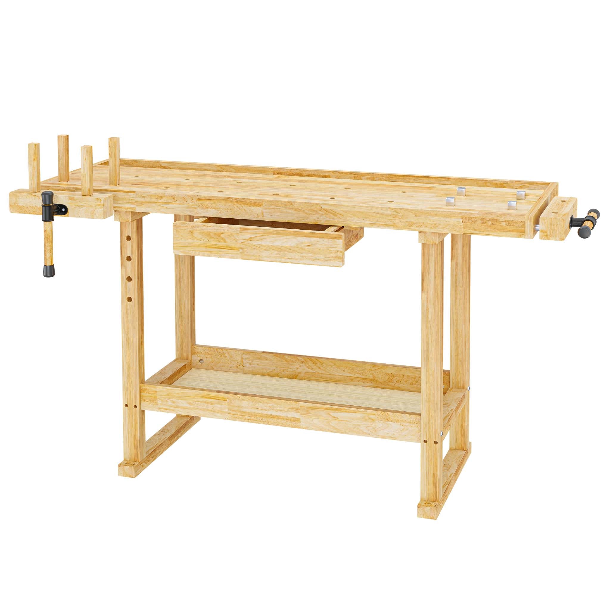 Banco da lavoro 145x49x86cm in legno (Rubberwood) ripiano e pinze di serraggio