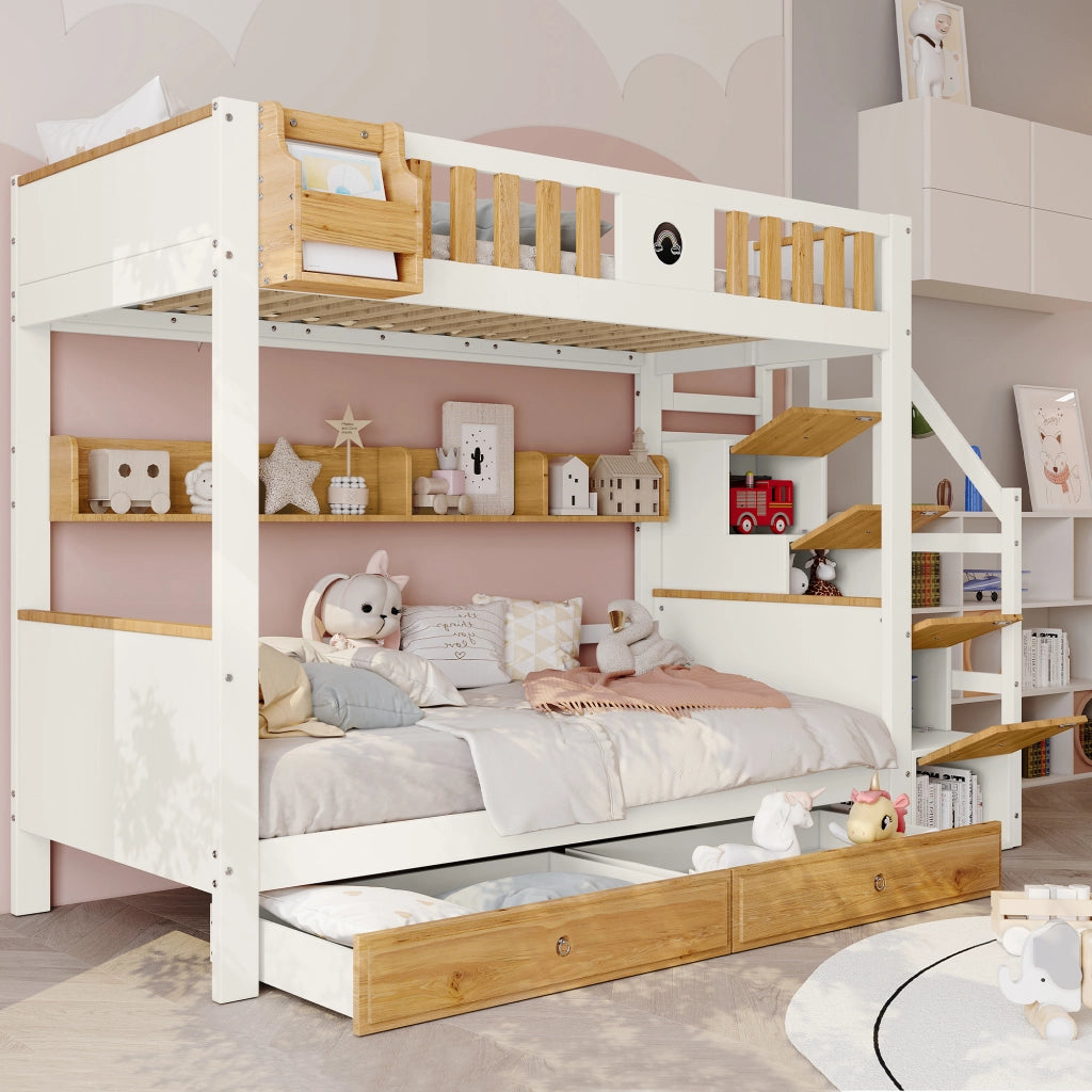 Letto a Castello 90x200 cm; Letto Singolo 2 Posti; Scala Contenitore; 2 Cassetti; Bianco e Naturale