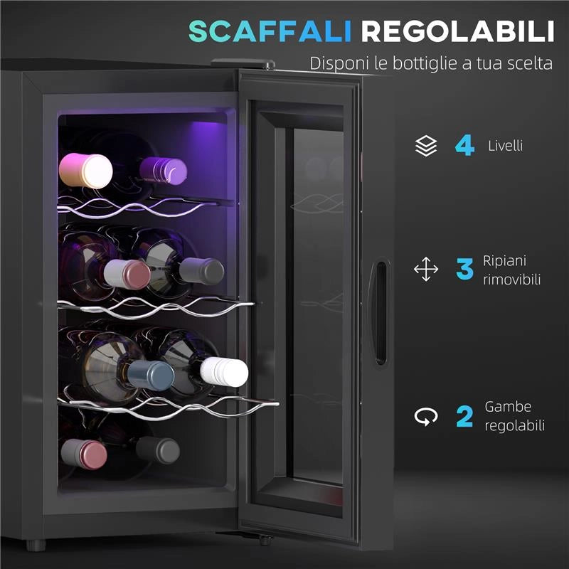 CANTINETTA VINO REFRIGERATA PER 8 BOTTIGLIE CAPACITÀ 21L DISPLAY TOUCH E RIPIANI REGOLABILI NERO 51.5X26.5X47.5 CM