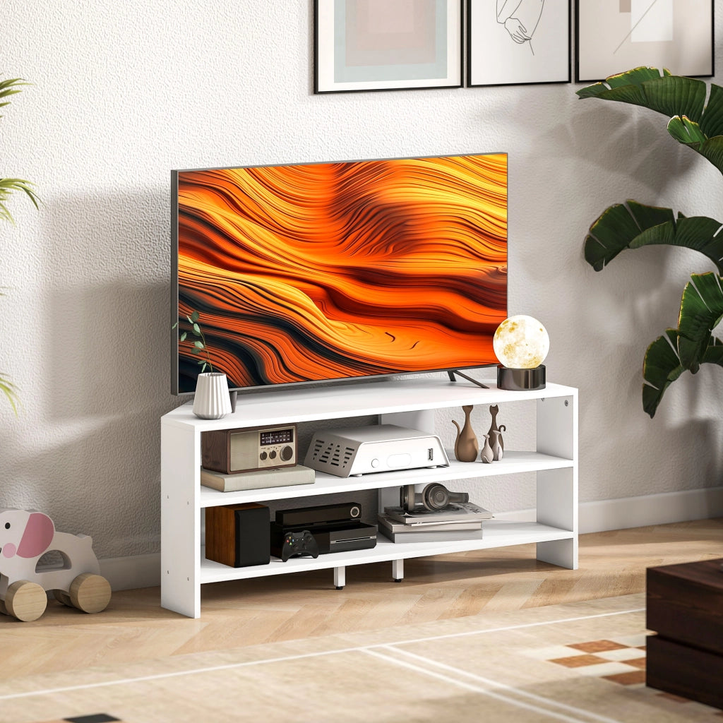 Mobile TV ad Angolo per 47" Max 110x36x45 cm con 2 Ripiani a Giorno in Legno Bianco