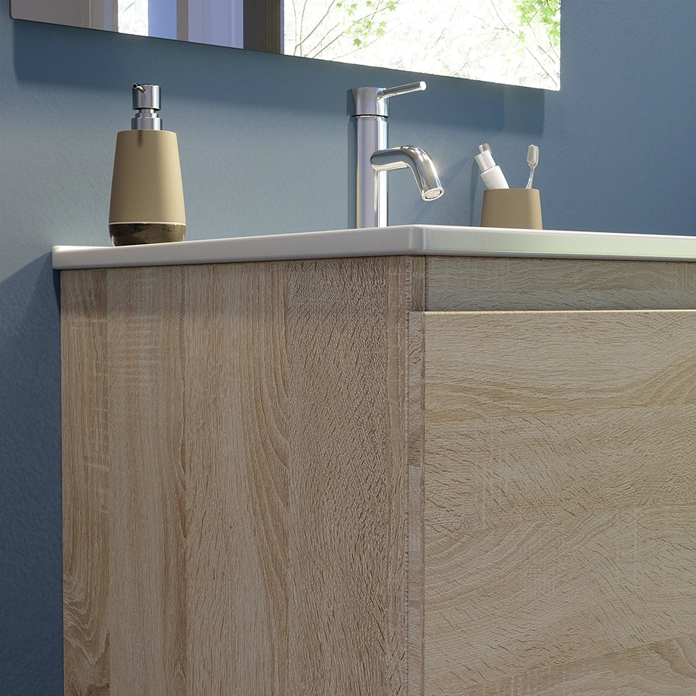 Mobile bagno sospeso 70 cm due ante rovere chiaro lavabo e specchio | Yili
