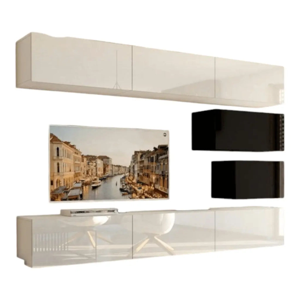 Set di mobili da soggiorno bianchi e neri sospesi collezione CEPTO XVI 249cm, 8 pezzi, modulari.