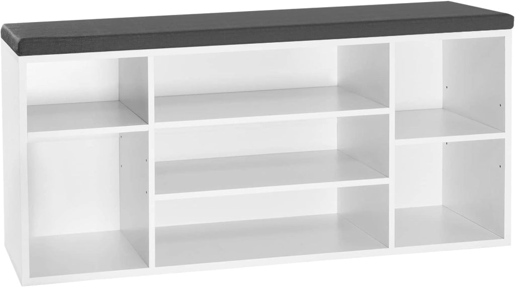 Panca Scarpiera da Ingresso, Scaffale Porta Scarpe a 7 Scomparti con Seduta Imbottita, Mobile da Ingresso Salvaspazio in Legno, Bianco e Grigio, 103,5x30x48 cm