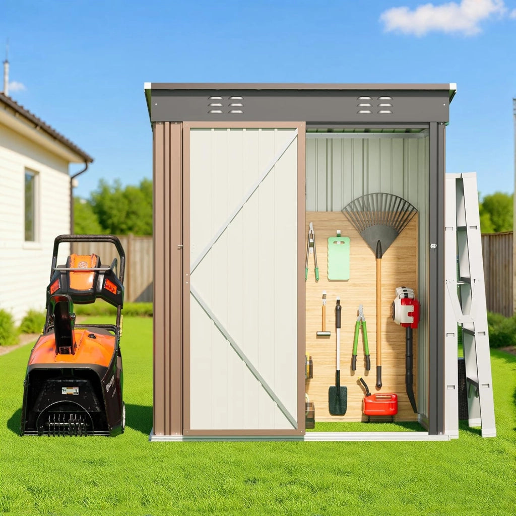 Casetta per attrezzi in metallo,Capanno per Attrezzi da Giardino in Metallo con Ripiani Regolabili, Tetto Inclinato, Prese d'Aria,per Prato, Patio e Cortile 161x94x182CM,Marrone