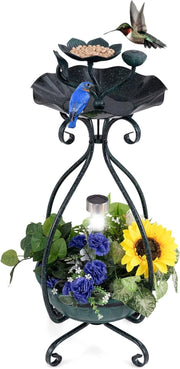 Giantex Vasca per uccelli con fioriera, vaschetta per uccelli illuminata a energia solare, per esterni, con mangiatoia per uccelli, ciotola per acqua di loto per il bagno, fioriera per fiori con fori
