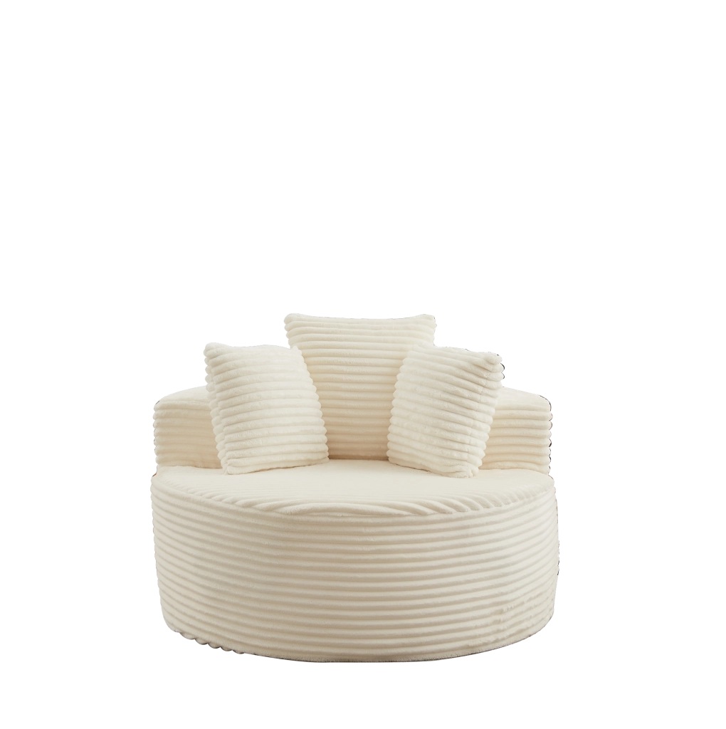 Poltrona lounge rotonda beige in velluto a coste con tre cuscini