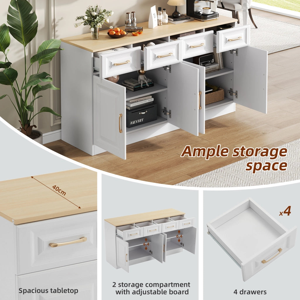 Credenza con 4 ante; 4 cassetti e ripiani regolabili - per cucina - in truciolare - 140×40×75 cm - bianco e rovere