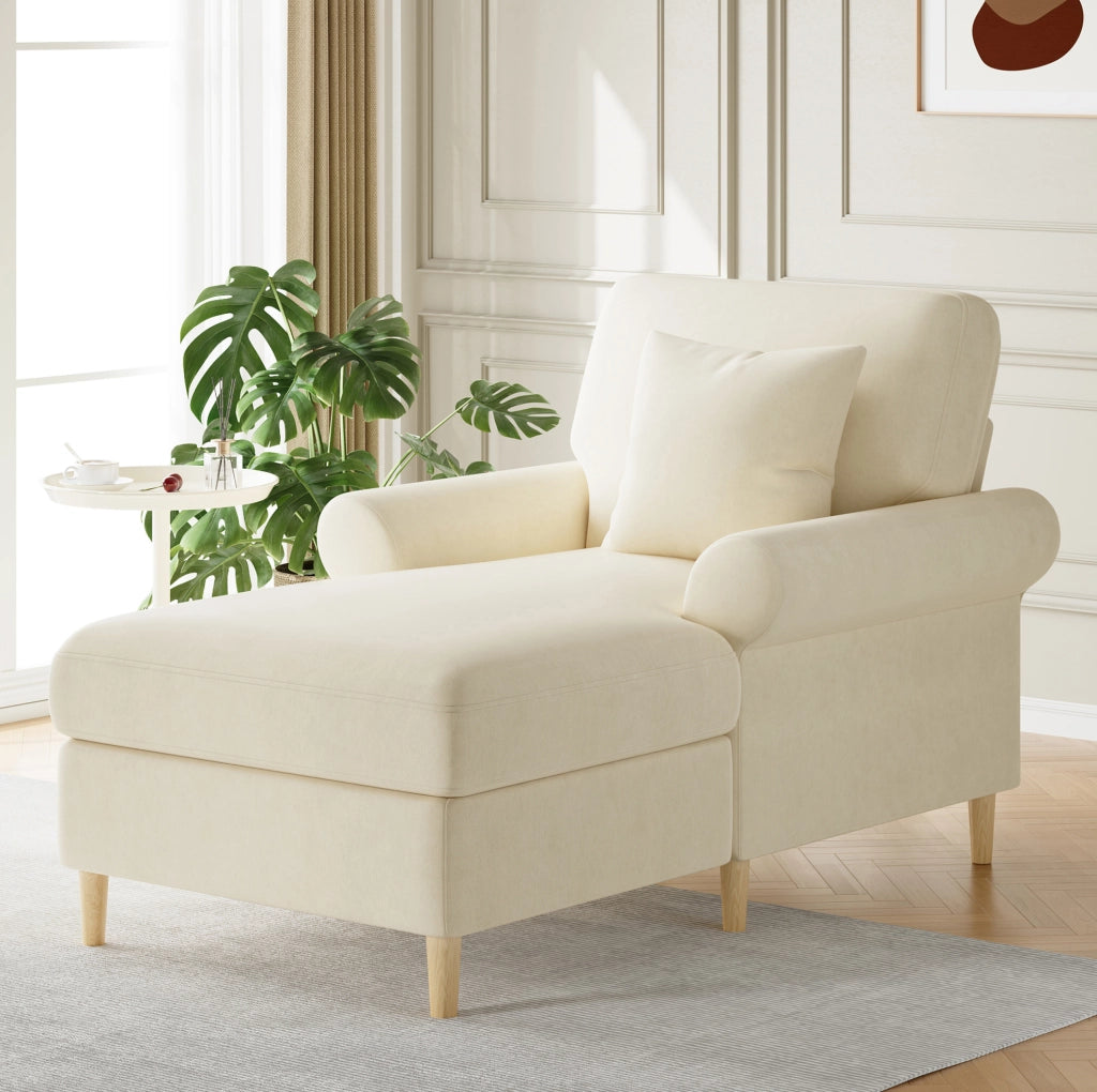Chaise longue 133x90x87 cm in velluto beige con cuscino