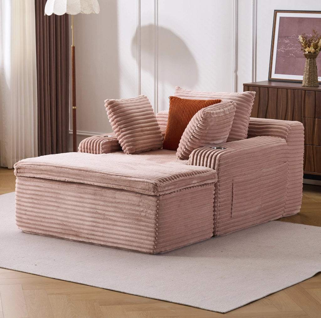 Divano 165x112x63 cm rosa con chaise longue, velluto a coste, senza montaggio