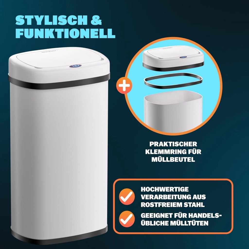 ® Cestino per Rifiuti con Sensore 50L in Acciaio Inox Pattumiera con Fissaggio Coperchio incl. Cavo USB Secchio Display LED