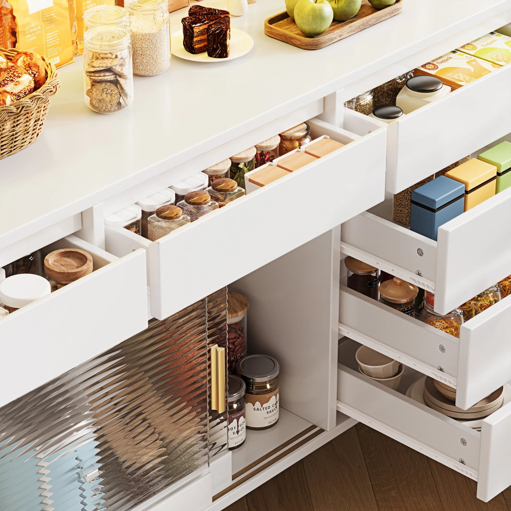 OKWISH Credenza Alta da Cucina con Porte Scorrevoli, LED e Pannello Forato, per Cucina o Sala da Pranzo, 145×39×171 cm