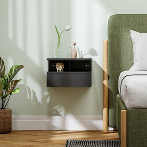 Comodino Sospeso per Camera da Letto 35x32x22,5 cm con Cassetto in Legno Nero