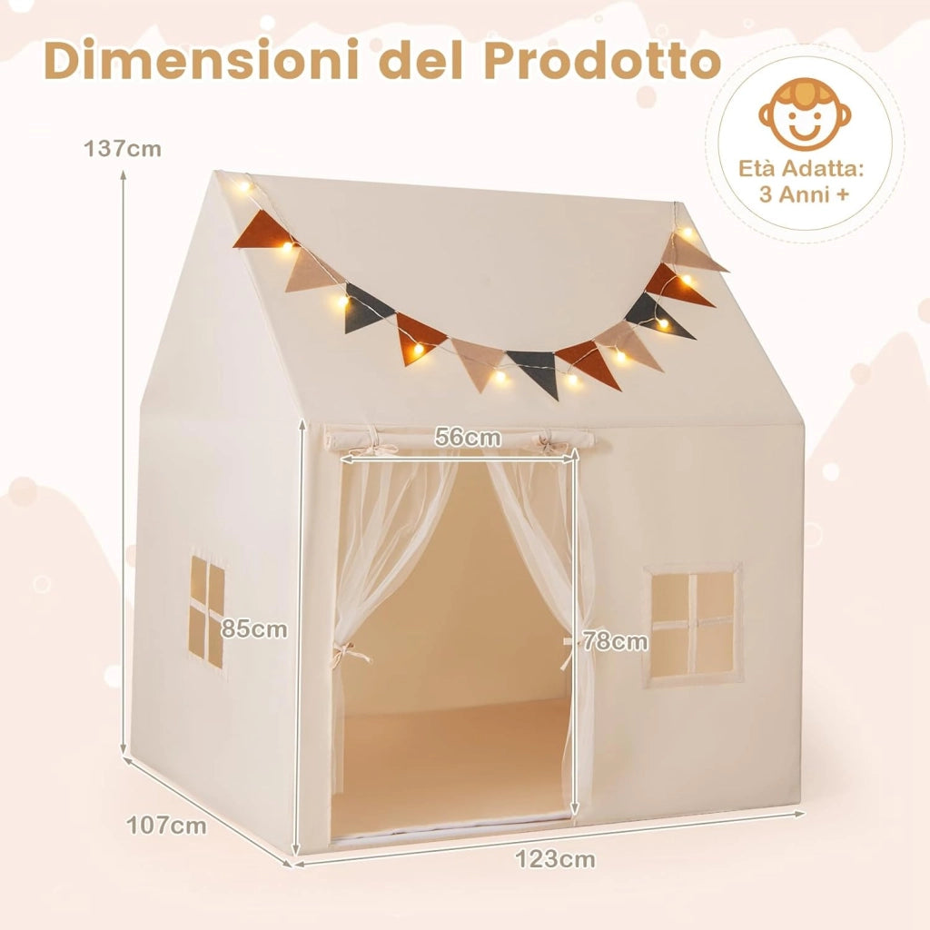 Tenda per Bambini con Luci Fatate e Bandierine, Tenda Casetta da Gioco con Porta e 2 Finestre, Tenda Gioco con Tappetino Imbottito, per Interno ed Esterno, 123 x 107 x 137 cm, Beige