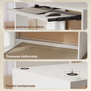 Scrivania Angolare Moderna 120x100x76 cm con Ripiano Scorrevole per Tastiera e Scaffale a 4 Ripiani Bianco