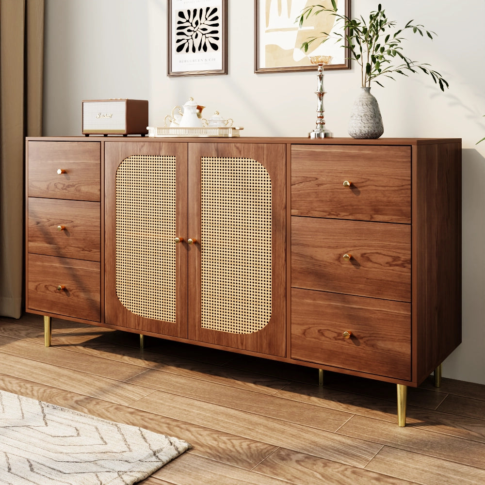 Credenza con 6 Cassetti e 2 Ante in Rattan; Stile Moderno; in MDF; Color Legno; 160??40??90 cm
