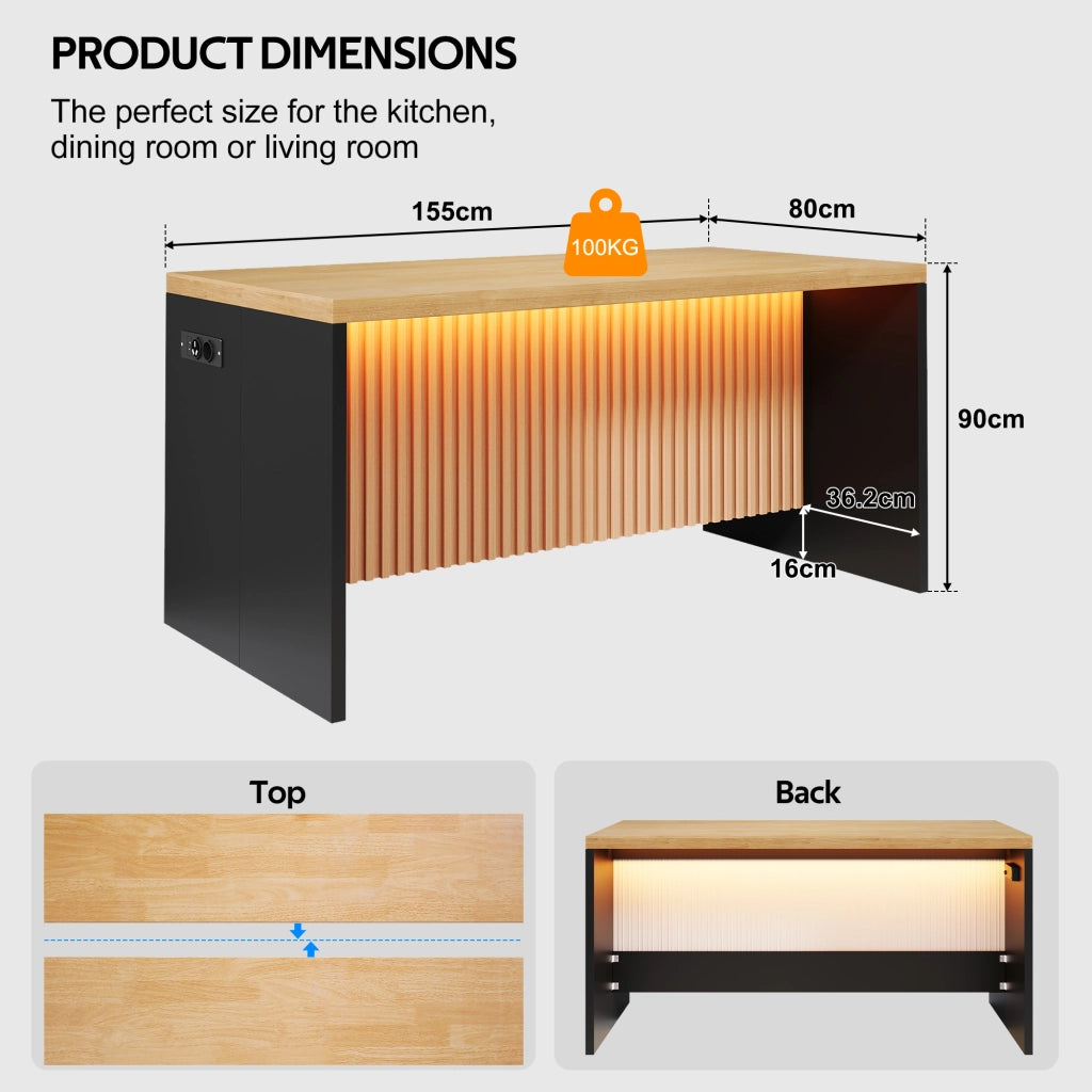 Mobile cucina con LED, 2 prese e 2 USB, piano da 40 mm, per cucina aperta, in MDF nero e naturale 155 × 80 × 90 cm