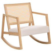 Poltrona a dondolo con rivestimento in tessuto marrone chiaro e beige chiaro schienale intrecciato struttura in legno per salotto e camera da letto