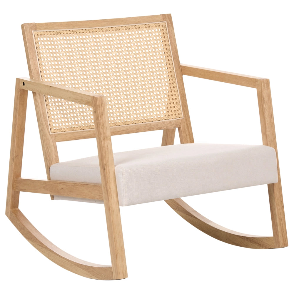 Poltrona a dondolo con rivestimento in tessuto marrone chiaro e beige chiaro schienale intrecciato struttura in legno per salotto e camera da letto