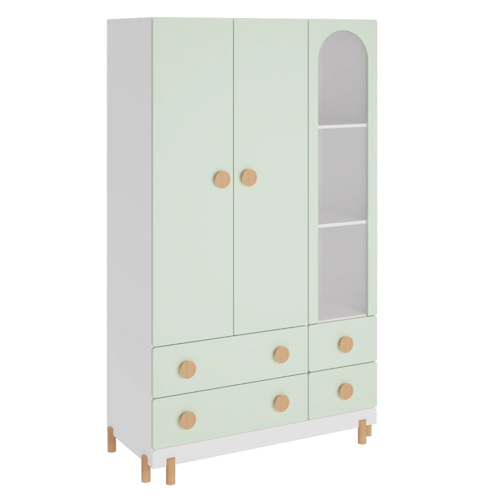 Armadio per Cameretta Vaarentaa a 2 Ante con 4 Cassetti e 3 Vani Aperti 156x90x41 cm - Bianco/Verde Menta [en.casa]