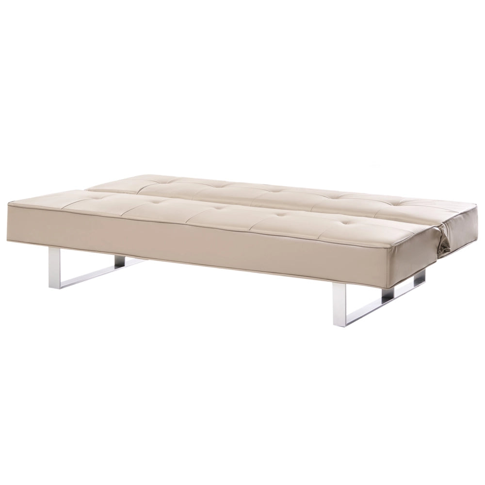 Divano letto in ecopelle beige moderno trasformabile a 3 posti senza braccioli dal design minimalista