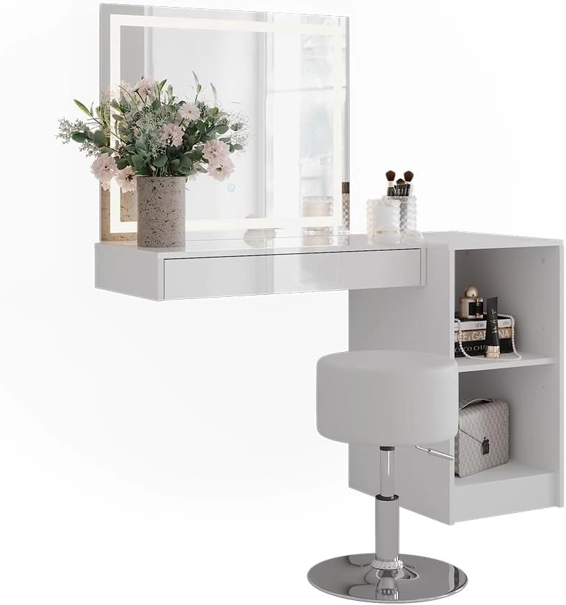 Tavolo da toeletta Sherry, Bianco/bianco lucido, 120 cm 4 parti, con illuminazione LED e specchio integrato