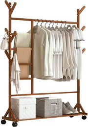Appendiabiti in bambù, Appendiabiti su Ruote, Appendiabiti Indipendente con Ripiani portaoggetti, Appendiabiti per Pantaloni Eleganti e Scarpe, Appendiabiti Indipendente per Camera da Letto