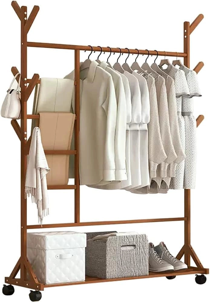 Appendiabiti in bambù, Appendiabiti su Ruote, Appendiabiti Indipendente con Ripiani portaoggetti, Appendiabiti per Pantaloni Eleganti e Scarpe, Appendiabiti Indipendente per Camera da Letto