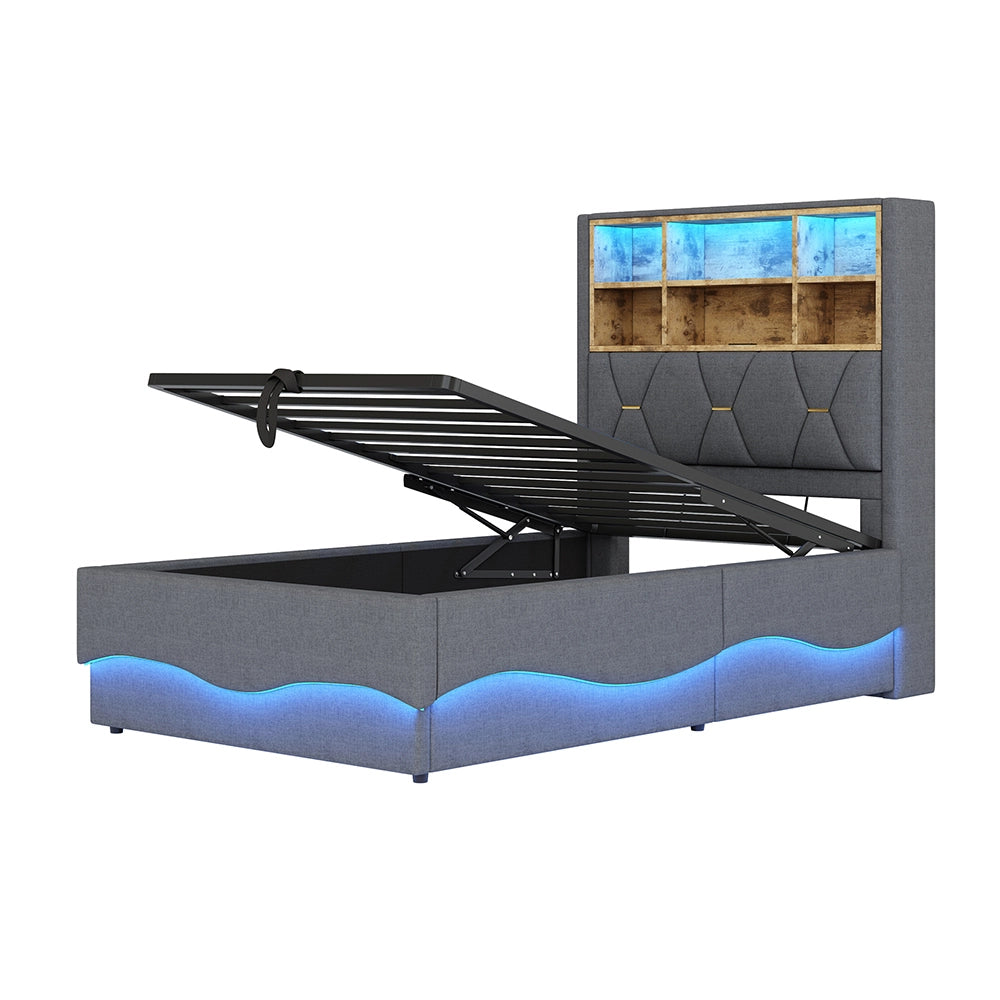 Letto bambino-Xylo-90x200 cm-LED app, USB, metallo, lino grigio