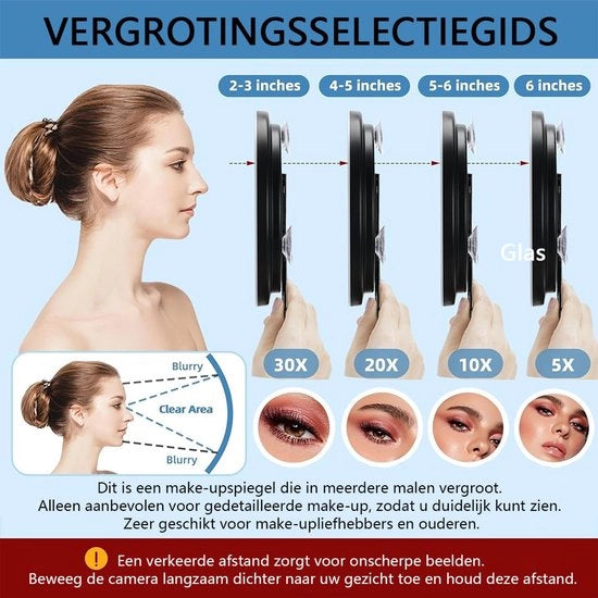 Specchio di trucco illuminato - 30x ingrandimento - illuminazione LED - 3 colori regolabili - 360° supporto da tavolo - per bagno e viaggio