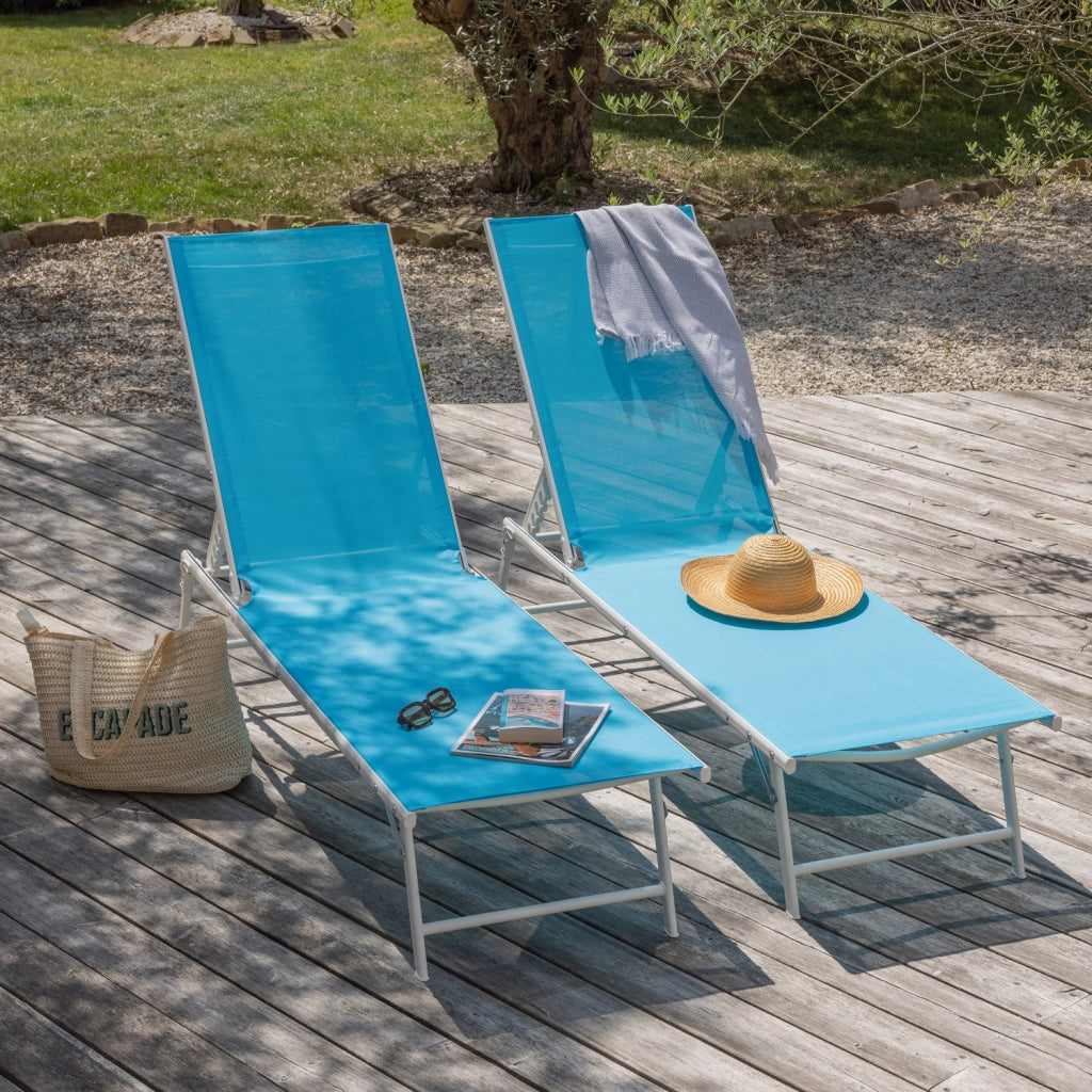 Set di 2 lettini pieghevoli SICILIA in textilene blu - struttura bianca