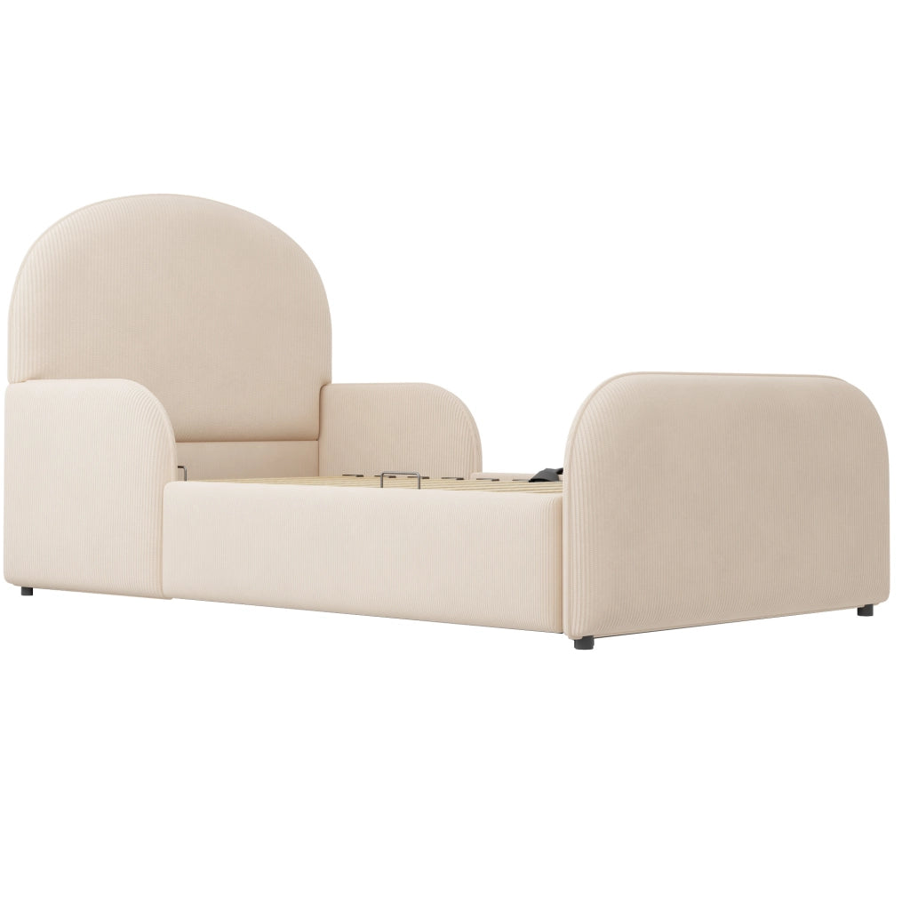 Letto imbottito per bambini 90x200 cm in velluto beige con contenitore idraulico e sponde laterali
