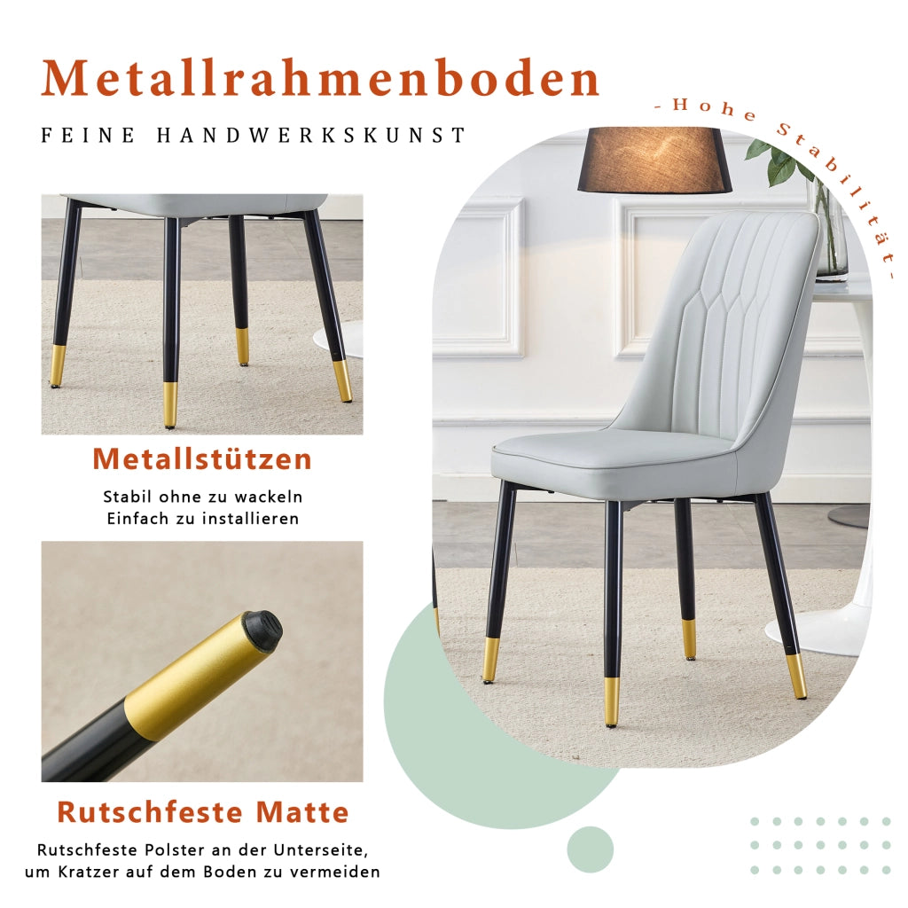 Chaise da pranzo in pelle pu con schienale ergonomico e seduta imbottita, gambe metalliche nere, grigio chiaro