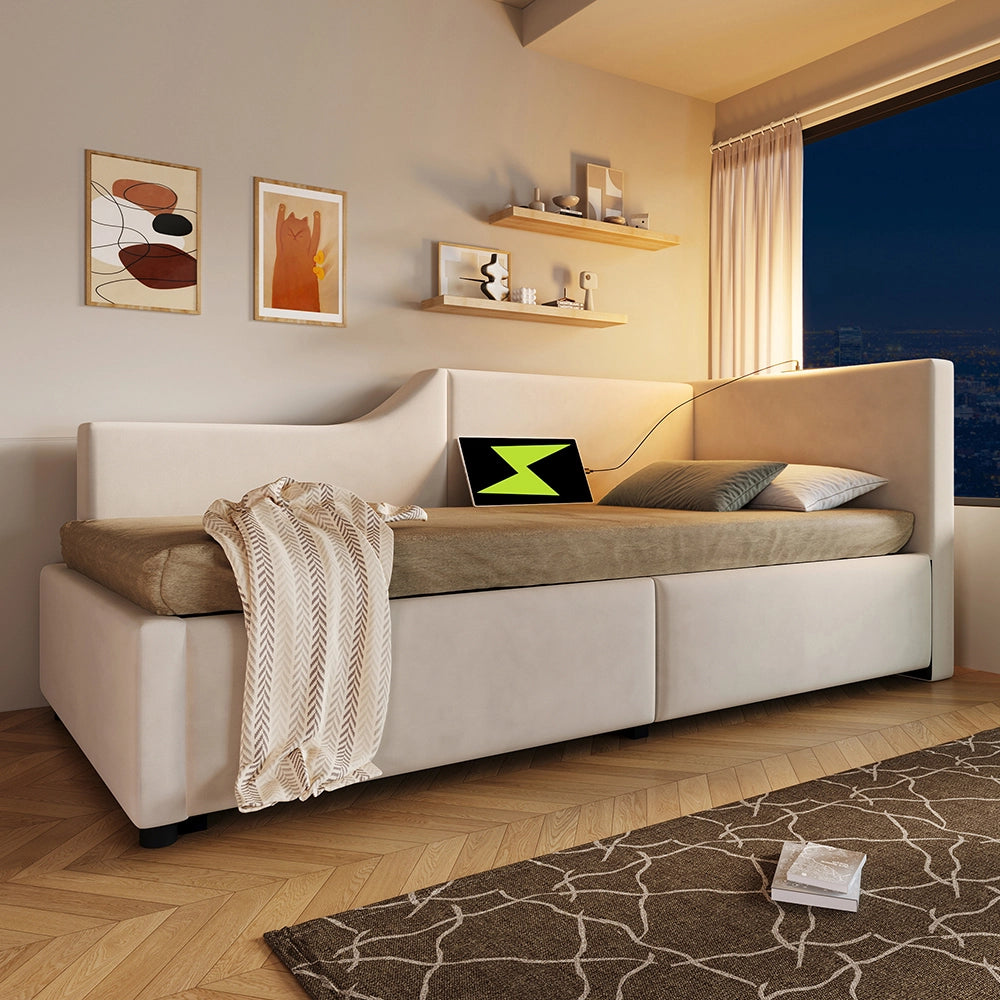 Letto a cassone per bambini - Xylo - 90x200 cm - Beige - Luci notturine e USB-C