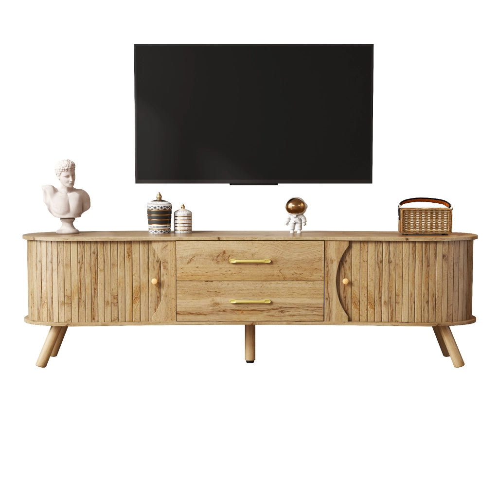 Mobile porta TV con 2 ante scorrevoli e 2 cassetti effetto scanalato verticale per soggiorno naturale 160 × 36,5 × 55 cm