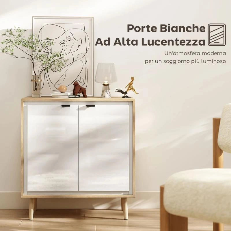 CREDENZA MODERNA A 2 ANTE CON RIPIANO REGOLABILE, 72X35X77 CM, BIANCO LUCIDO E ROVERE