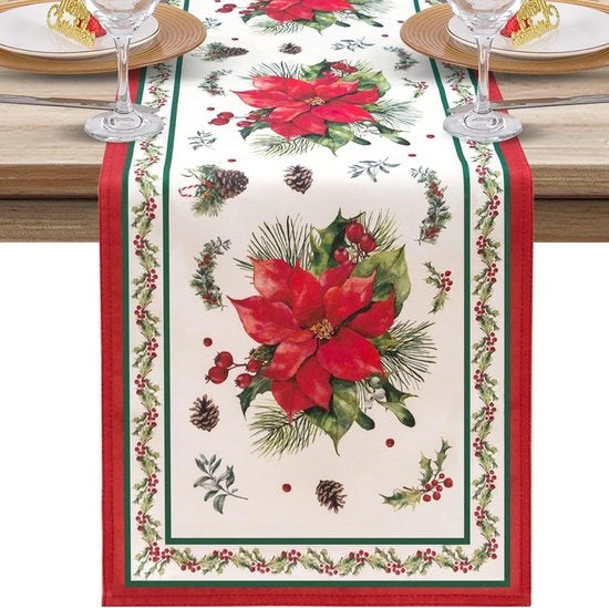 Tavolo da Natale con decorazioni di fiori rossi tovaglia da tavola (183 cm x 33 cm, stile 1)
