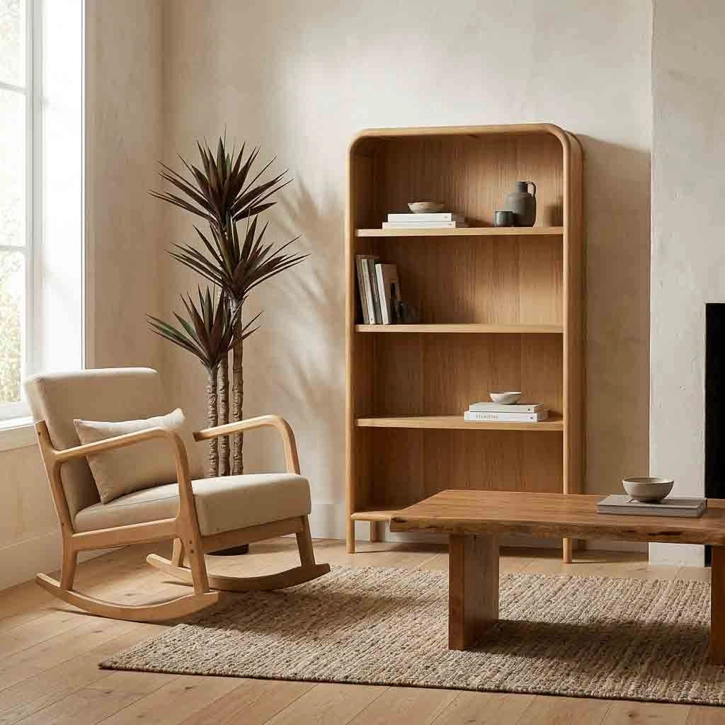 Poltroncina a dondolo in legno imbottita panna 66x88x47/78h