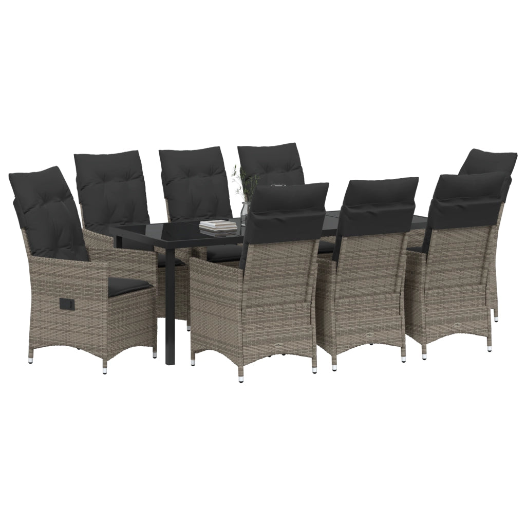 Set da Pranzo da Giardino 9 Pezzi con Cuscini Grigio Polyrattan