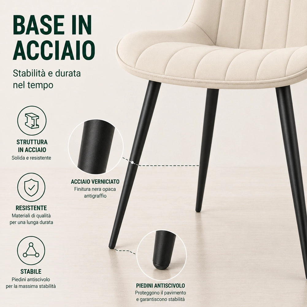 Set 4 Sedie da Pranzo Crema in Velluto Seduta Ergonomica e Struttura in Acciaio