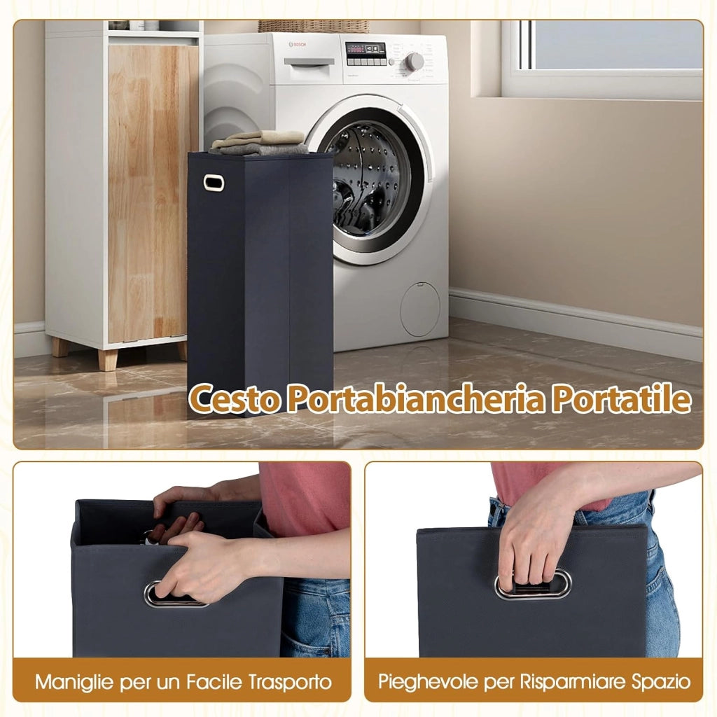 Mobile da Bagno, Armadio Salvaspazio per Biancheria con Cestello Inclinabile, Ante in Legno in Gomma, 3 Ripiani e Cesta Porta Biancheria Rimovibile, Ideale per Soggiorno e Cucina
