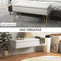 Panca Fondo Letto con Contenitore in Tessuto e Gambe in Acciaio, 100x40x49cm, Crema