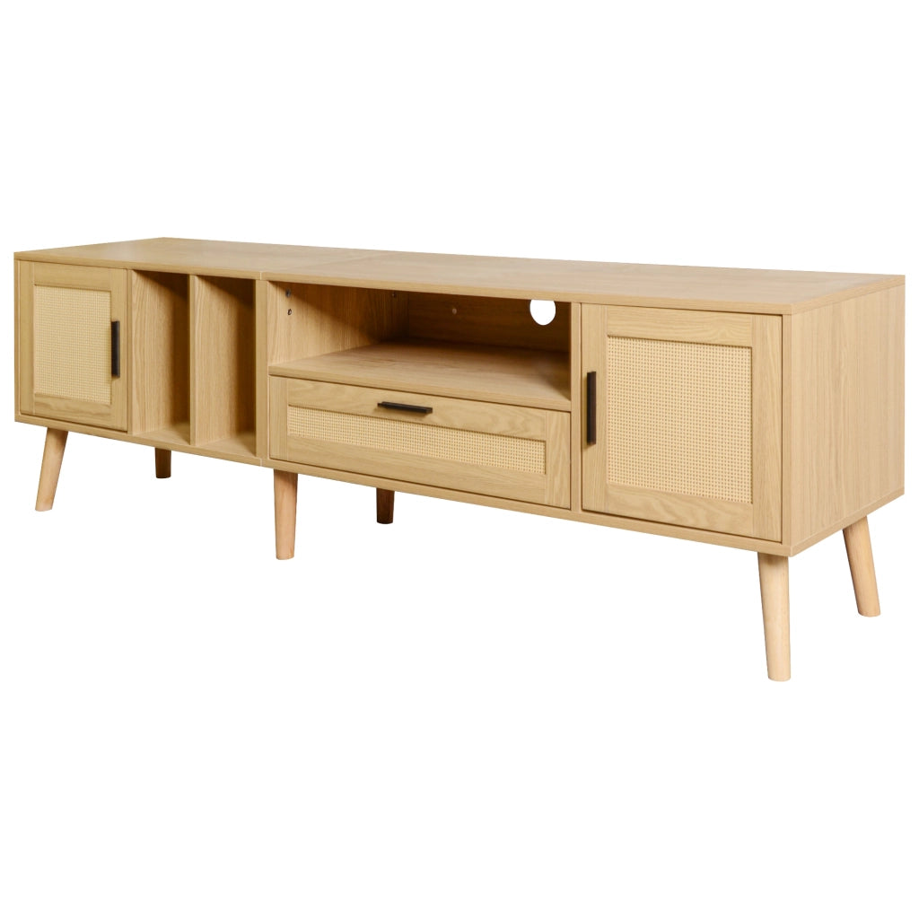 Mobile TV 180 cm in finitura legno con dettagli in rattan, 2 ante, 1 cassetto e gestione cavi per TV fino a 80 pollici
